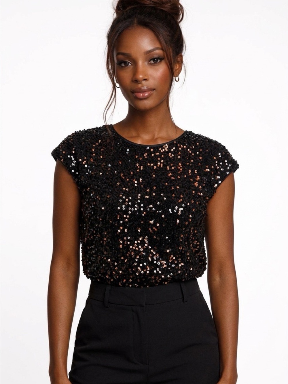 Massimo Dutti Black Sequin Cap-Sleeve Top